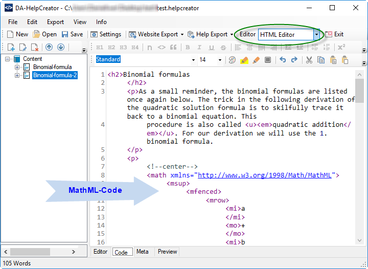 Screenshot Inserting a MathML formula using the HTML Editor