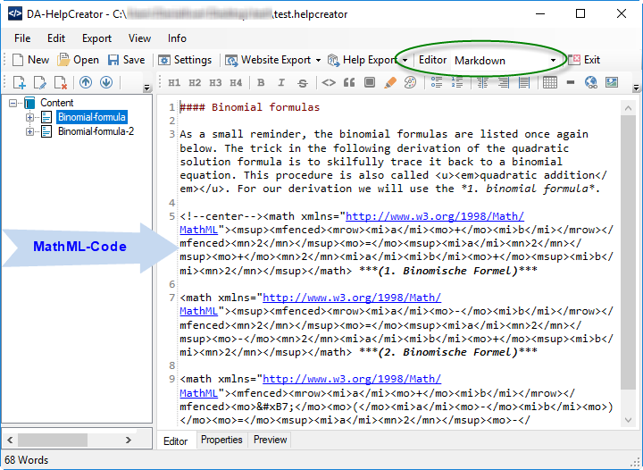 Screenshot Inserting a MathML formula using the Markdown Editor